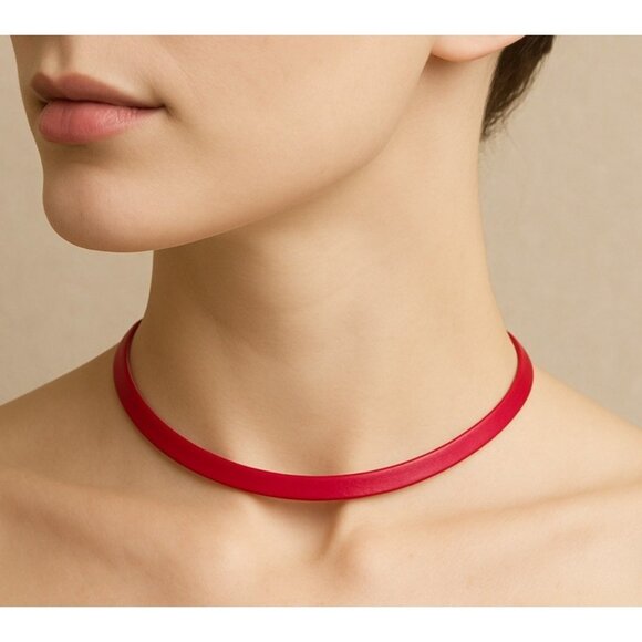 VTG Kenneth Jay Lane Red Choker Necklace Gold Tone Slim Collar Minimalist - Picture 1 of 7